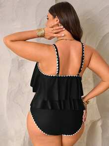 SHEIN Swim Curve Conjunto de 2 piezas para mujer de talla grande con top de tirantes verde con volantes y pantalones de cintura alta con dobladillo con volantes, conjunto de ropa de verano para playa y vacaciones - Negro - Ver 2