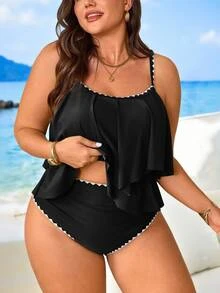 SHEIN Swim Curve Conjunto de 2 piezas para mujer de talla grande con top de tirantes verde con volantes y pantalones de cintura alta con dobladillo con volantes, conjunto de ropa de verano para playa y vacaciones - Negro - Ver 5