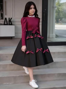 SHEIN Tween Girl Elegant Party Color Block Rhinestone Bow Decor Dress - Multicolor - View 3