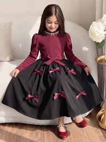SHEIN Tween Girl Elegant Party Color Block Rhinestone Bow Decor Dress - Multicolor - View 1
