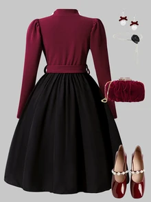 SHEIN Tween Girl Elegant Party Color Block Rhinestone Bow Decor Dress - Multicolor - View 4