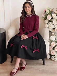 SHEIN Tween Girl Elegant Party Color Block Rhinestone Bow Decor Dress - Multicolor - View 2