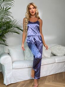 SHEIN Casual Underwear&Sleepwear Allover Heart Print Satin PJ Set / Pajama Set - Blue - View 5