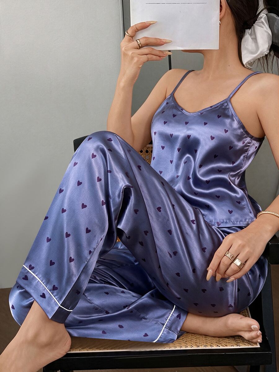 SHEIN Casual Underwear&Sleepwear Allover Heart Print Satin PJ Set / Pajama Set - Blue - View 1