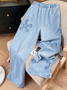 SHEIN Tween Girl Elastic Waist Patchwork Casual Cute Uniform Versatile Everyday Long Pants School Fall - Blue - View 4
