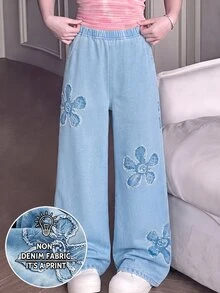 SHEIN Tween Girl Elastic Waist Patchwork Casual Cute Uniform Versatile Everyday Long Pants School Fall - Blue - View 1