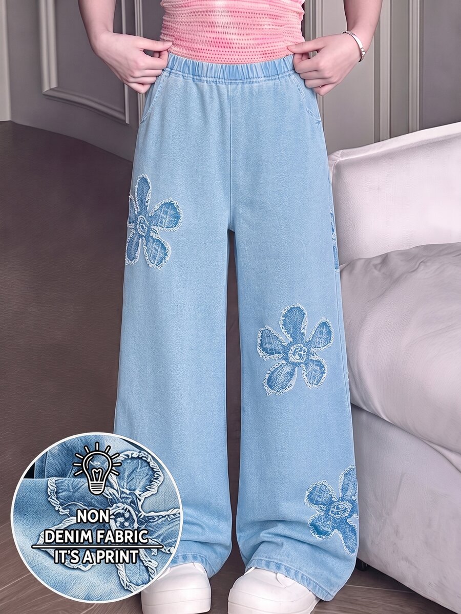 SHEIN Tween Girl Elastic Waist Patchwork Casual Cute Uniform Versatile Everyday Long Pants School Fall - Blue - View 1