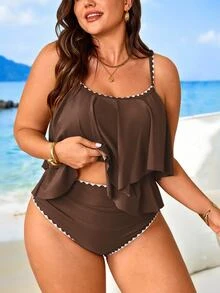 SHEIN Swim Curve 大尺碼女款 2 件套棕色細肩帶雙層荷葉邊上衣搭配高腰百褶飾邊長褲，夏季派對度假優雅性感套裝 - 咖啡棕 - 查看 5