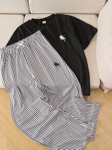 SHEIN 青少年女孩 2件組休閒圓領短袖馬匹圖案T恤與黑白直條紋針織寬腿長褲 Y2K風格套裝 - 黑色 - 查看 3
