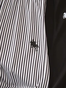 SHEIN 青少年女孩 2件組休閒圓領短袖馬匹圖案T恤與黑白直條紋針織寬腿長褲 Y2K風格套裝 - 黑色 - 查看 8