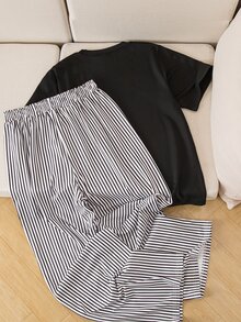 SHEIN 青少年女孩 2件組休閒圓領短袖馬匹圖案T恤與黑白直條紋針織寬腿長褲 Y2K風格套裝 - 黑色 - 查看 4