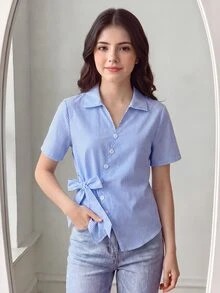 SHEIN 青少年女孩休閒街頭風日常通勤修身短袖白色領口襯衫，開學季夏季穿搭，舒適 Sixth Form 風格 - 藍色 - 查看 1