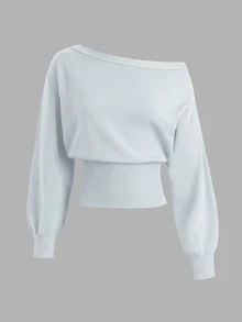 SHEIN 青少年女孩秋冬新款藍色不對稱肩收腰短版毛衣 - 淺藍色 - 查看 3