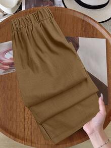 GlowEve CURVE Plus Size Women's Colorblock Pocket Button Casual Versatile Daily Wide Leg Pants - Rust Brown - View 2