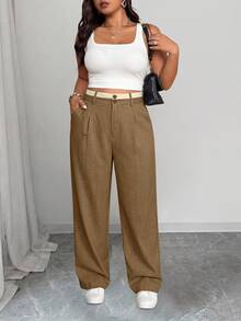 GlowEve CURVE Plus Size Women's Colorblock Pocket Button Casual Versatile Daily Wide Leg Pants - Rust Brown - View 8