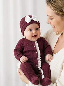 SHEIN 2pcs Newborn Baby Girl Christmas Winter Burgundy Cable Knit Footed Romper Sweet Lace Ruffle Bow Long Sleeve Round Neck Winter Holiday Party Outfit - Burgundy - View 2