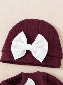 SHEIN 2pcs Newborn Baby Girl Christmas Winter Burgundy Cable Knit Footed Romper Sweet Lace Ruffle Bow Long Sleeve Round Neck Winter Holiday Party Outfit - Burgundy - View 6