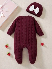 SHEIN 2pcs Newborn Baby Girl Christmas Winter Burgundy Cable Knit Footed Romper Sweet Lace Ruffle Bow Long Sleeve Round Neck Winter Holiday Party Outfit - Burgundy - View 3