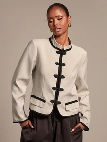 Silquee Women's Elegant Frog Button Long Sleeve Vintage Jacket - Beige - View 4