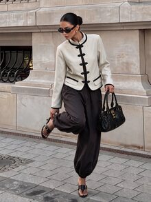 Silquee Women's Elegant Frog Button Long Sleeve Vintage Jacket - Beige - View 2