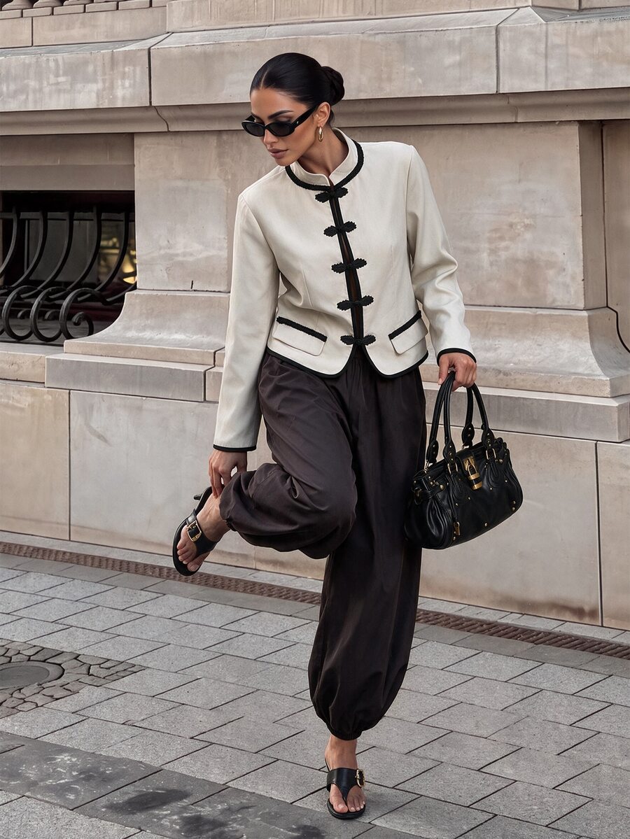 Silquee Women's Elegant Frog Button Long Sleeve Vintage Jacket