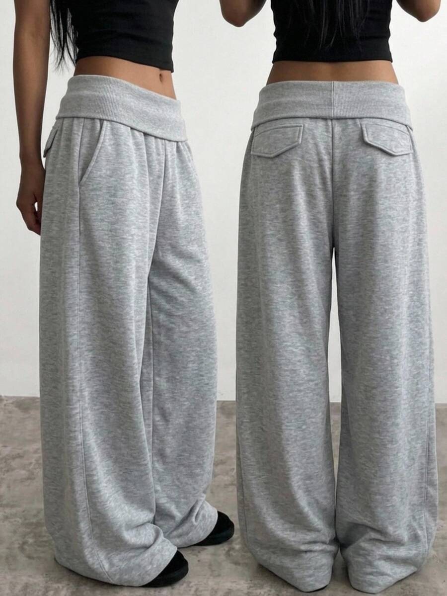 Tween Girls Fall Winter Sweatpants, Colorblock Fold Over Ribbed Waist Grey Loose Wide Leg Pants, Versatile Daily Sports Pants, School Everyday Outfits - Light Grey - View 1