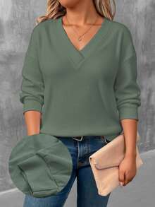 EMERY ROSE Olive Green V-Neck Long Sleeve T-Shirt, Plus Size Fall - Multicolor - View 6