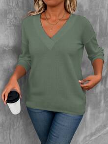 EMERY ROSE Olive Green V-Neck Long Sleeve T-Shirt, Plus Size Fall - Multicolor - View 7