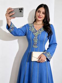 Mulvari Embroidered Lace Trim Patchwork Elegant Elegant Fashion Long Sleeve Conservative Dress - Royal Blue - View 2