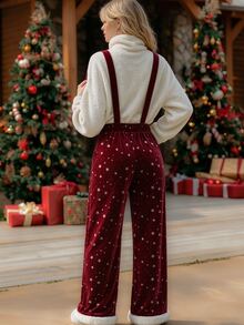 Balvessa Women's 2 Pieces Set: Button Long Sleeve Solid Color Top With Bow Decor And Suspenders Long Pants, Casual Holiday Christmas Winter New Style - Multicolor - View 2