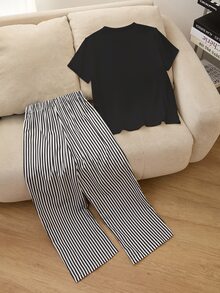 SHEIN 女童 2 件套！黑色 T-shirt 上衣 + 黑白條紋休閒直筒褲，極簡寬鬆版型，舒適修身 - 黑色 - 查看 5