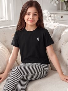 SHEIN 女童 2 件套！黑色 T-shirt 上衣 + 黑白條紋休閒直筒褲，極簡寬鬆版型，舒適修身 - 黑色 - 查看 2