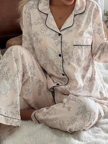 CottageSlumber Floral & Rabbit Print Long Sleeve PJS With Collar For Women PJS Sleep Wear Women 2 Pieces Set Lounge Wear Set , Fall Winter Clothes - Beige - View 3