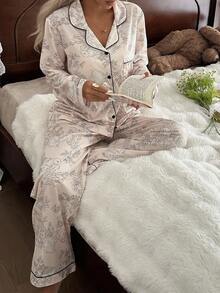 CottageSlumber Floral & Rabbit Print Long Sleeve PJS With Collar For Women PJS Sleep Wear Women 2 Pieces Set Lounge Wear Set , Fall Winter Clothes - Beige - View 4