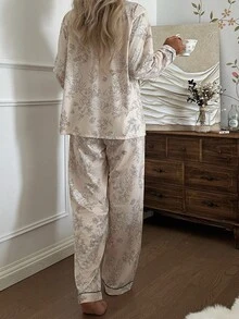 CottageSlumber Floral & Rabbit Print Long Sleeve PJS With Collar For Women PJS Sleep Wear Women 2 Pieces Set Lounge Wear Set , Fall Winter Clothes - Beige - View 2