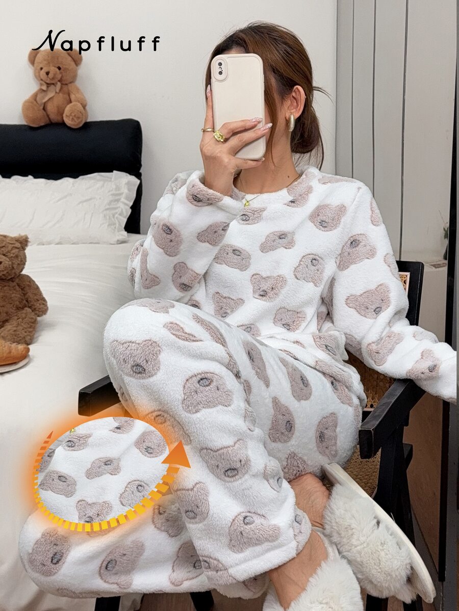 Napfluff Women's Cute Bear Soft Plush Long Sleeve & Long Pants Pajama Set - White - View 1