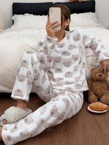 Napfluff Women's Cute Bear Soft Plush Long Sleeve & Long Pants Pajama Set - White - View 7