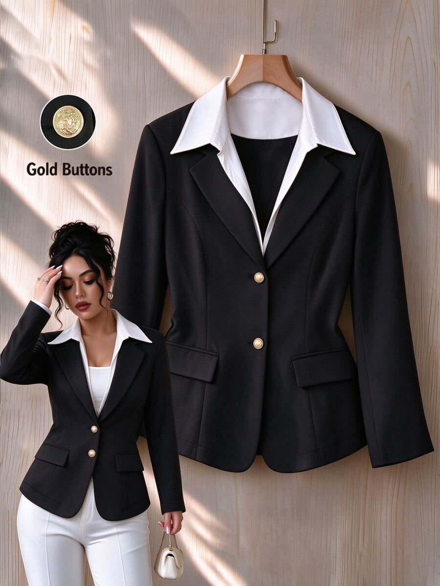 SHEIN Autumn/Winter Black Two-In-One Suit Jacket With Contrasting Blazer And Shirt Collar, Elegant Gold Buttons, Suitable For Commuting Or Parties - Black - View 1