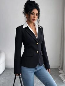 SHEIN Autumn/Winter Black Two-In-One Suit Jacket With Contrasting Blazer And Shirt Collar, Elegant Gold Buttons, Suitable For Commuting Or Parties - Black - View 6