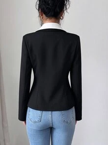 SHEIN Autumn/Winter Black Two-In-One Suit Jacket With Contrasting Blazer And Shirt Collar, Elegant Gold Buttons, Suitable For Commuting Or Parties - Black - View 2
