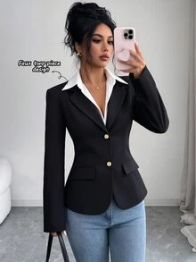 SHEIN Autumn/Winter Black Two-In-One Suit Jacket With Contrasting Blazer And Shirt Collar, Elegant Gold Buttons, Suitable For Commuting Or Parties - Black - View 3