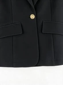 SHEIN Autumn/Winter Black Two-In-One Suit Jacket With Contrasting Blazer And Shirt Collar, Elegant Gold Buttons, Suitable For Commuting Or Parties - Black - View 4
