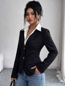 SHEIN Autumn/Winter Black Two-In-One Suit Jacket With Contrasting Blazer And Shirt Collar, Elegant Gold Buttons, Suitable For Commuting Or Parties - Black - View 5