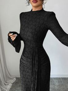 Seusyu French Design Lace High Neck Flared Waist Ruched Slim Fit Dress For Women - Black - View 2