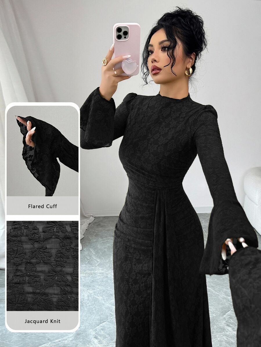 Seusyu French Design Lace High Neck Flared Waist Ruched Slim Fit Dress For Women - Black - View 1