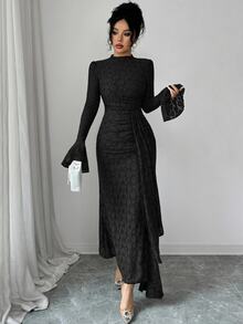 Seusyu French Design Lace High Neck Flared Waist Ruched Slim Fit Dress For Women - Black - View 6