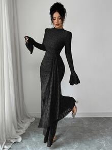 Seusyu French Design Lace High Neck Flared Waist Ruched Slim Fit Dress For Women - Black - View 7