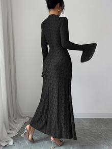 Seusyu French Design Lace High Neck Flared Waist Ruched Slim Fit Dress For Women - Black - View 5