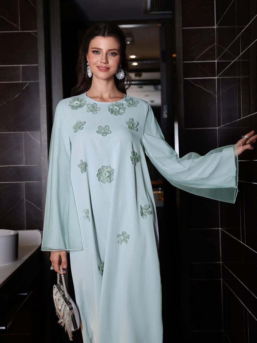 Yasmyna Women's Elegant Romantic Floral Print Flared Long Sleeve Maxi Cardigan - Green - View 1