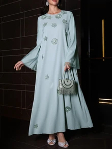 Yasmyna Women's Elegant Romantic Floral Print Flared Long Sleeve Maxi Cardigan - Green - View 6